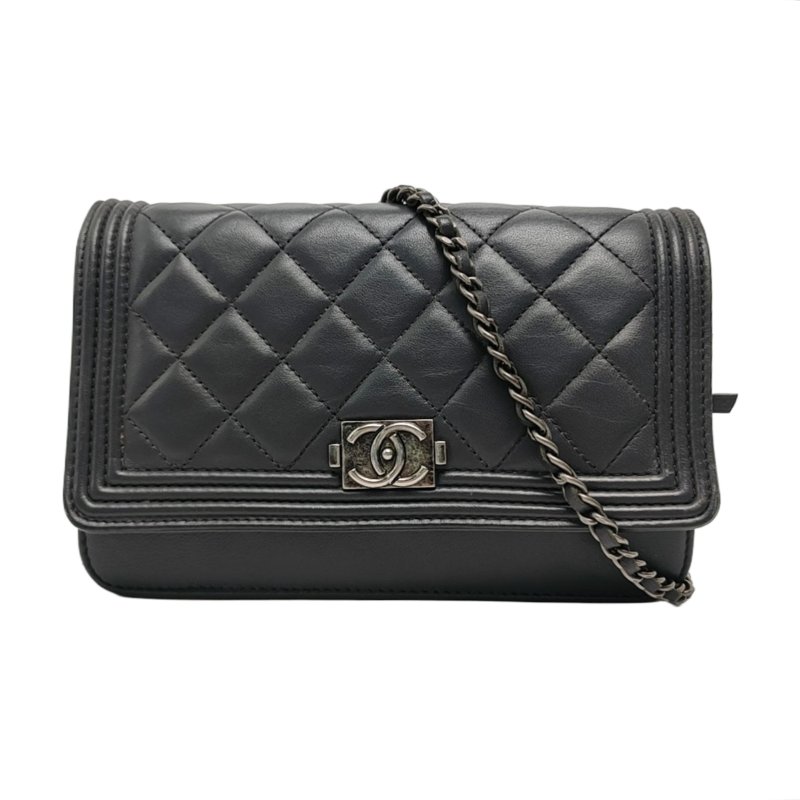 CHANEL LEBOY WOC 灰色羊皮萎格紋縫肩背包斜背包 釕色五金-0