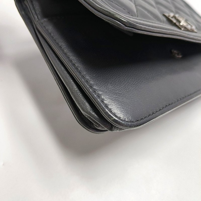 CHANEL LEBOY WOC 灰色羊皮萎格紋縫肩背包斜背包 釕色五金-12