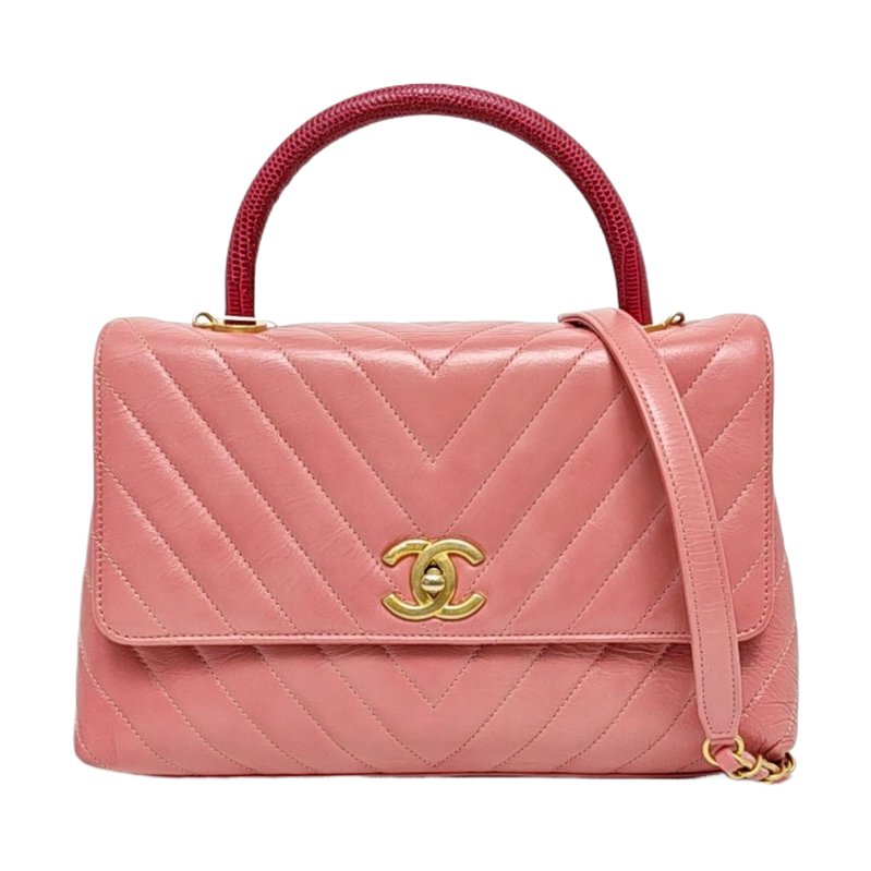 CHANEL COCO HANDLE 中號 粉色牛皮V紋肩背包手提包斜背包 金色五金-0