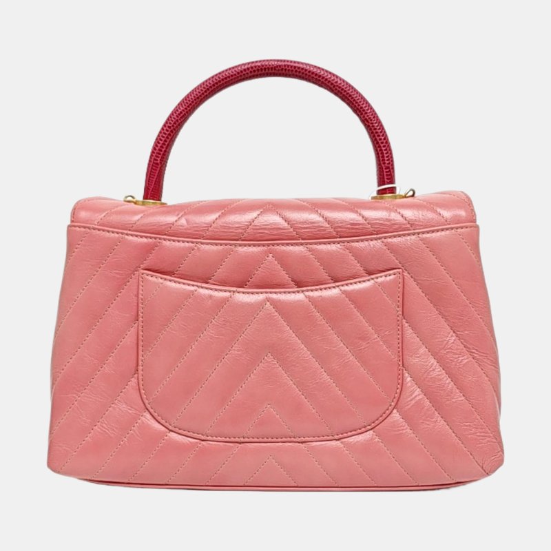 CHANEL COCO HANDLE 中號 粉色牛皮V紋肩背包手提包斜背包 金色五金-4