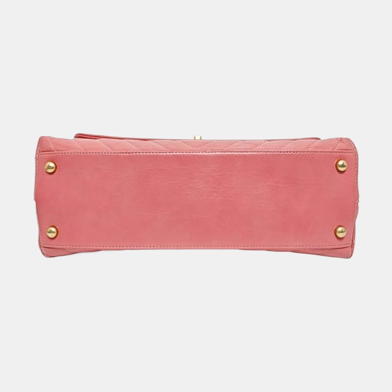 CHANEL COCO HANDLE 中號 粉色牛皮V紋肩背包手提包斜背包 金色五金-5