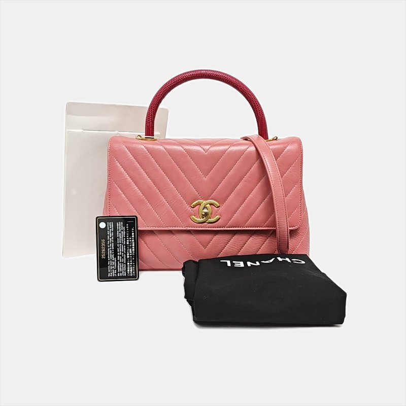 CHANEL COCO HANDLE 中號 粉色牛皮V紋肩背包手提包斜背包 金色五金-7