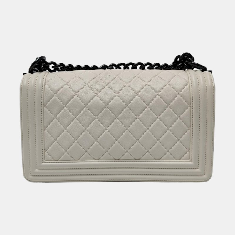 CHANEL LEBOY 中號 白色牛皮菱格紋縫 肩背包斜背包 黑色五金-4