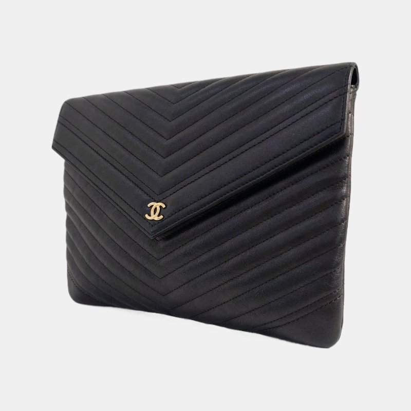 CHANEL黑色牛皮绗縫V紋手拿包 金色五金26開-2