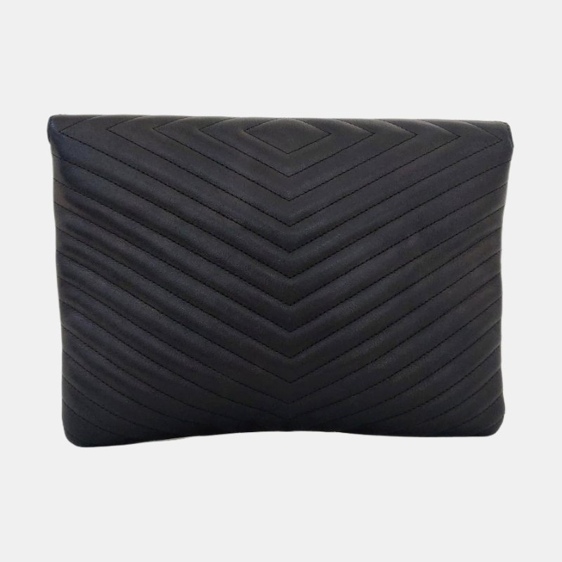 CHANEL黑色牛皮绗縫V紋手拿包 金色五金26開-4