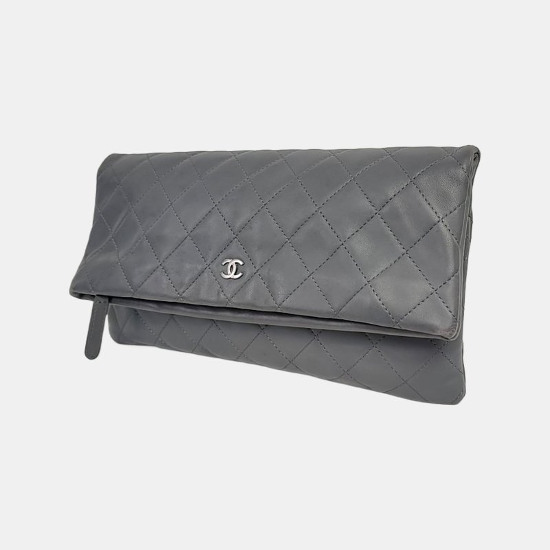 CHANEL 深灰色羊皮萎格紋手拿包 銀色五金 20開-2