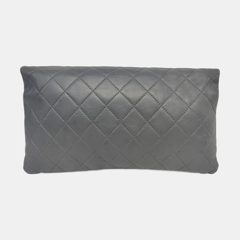 CHANEL 深灰色羊皮萎格紋手拿包 銀色五金 20開-4