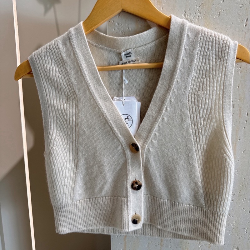 HERMES 米白色針織鈕釦背心 36碼-0