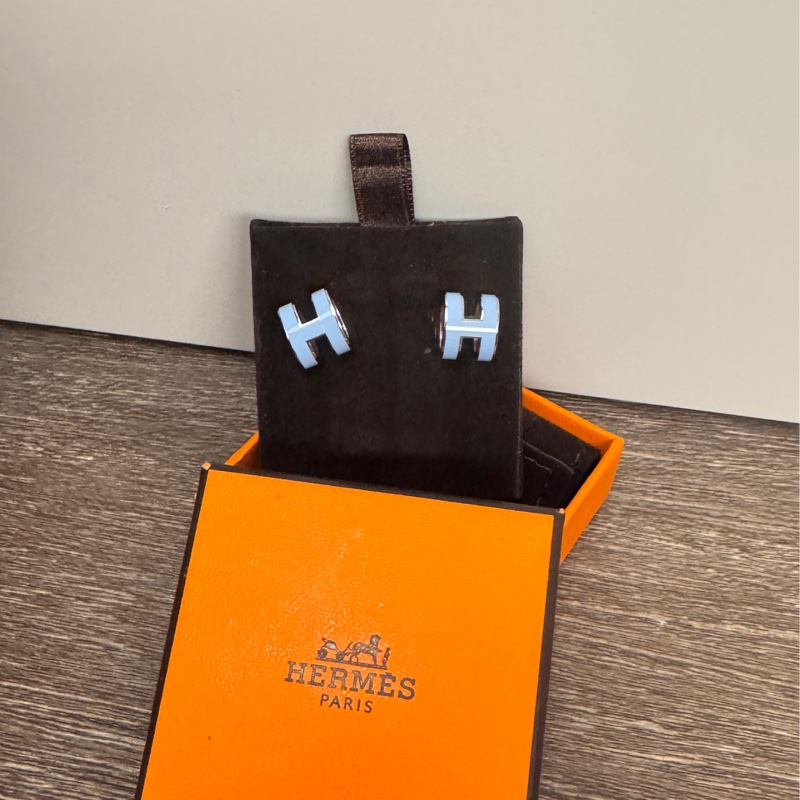 近全新Hermes 愛馬仕pop H 藍銀釦耳環耳針-5