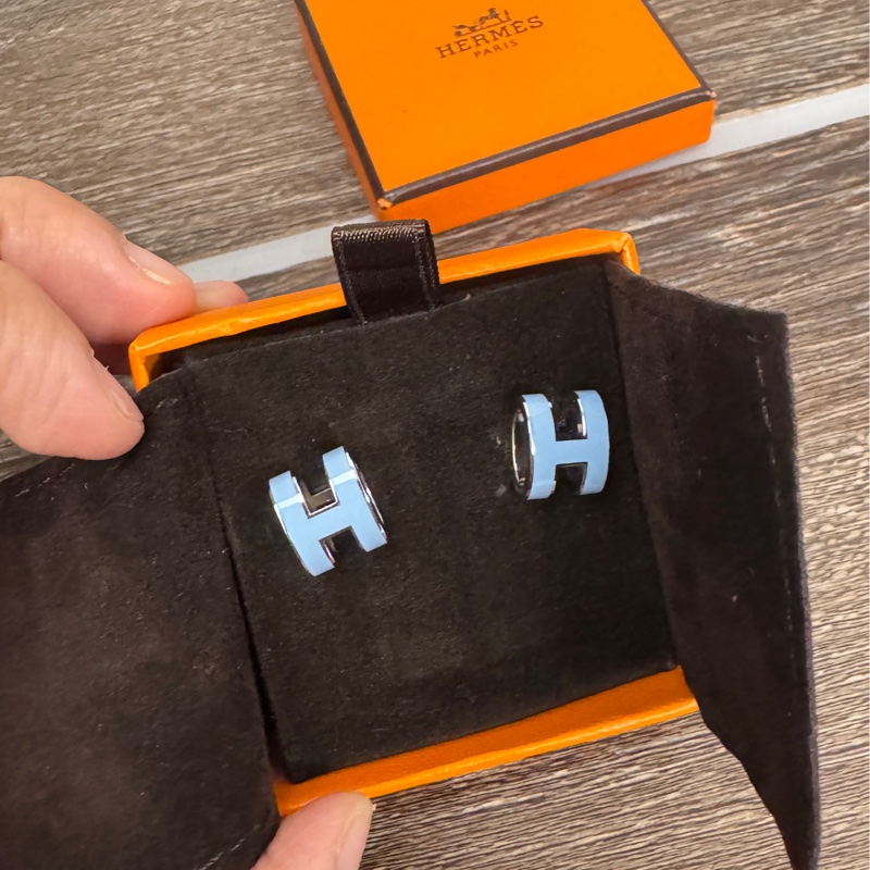 近全新Hermes 愛馬仕pop H 藍銀釦耳環耳針-12