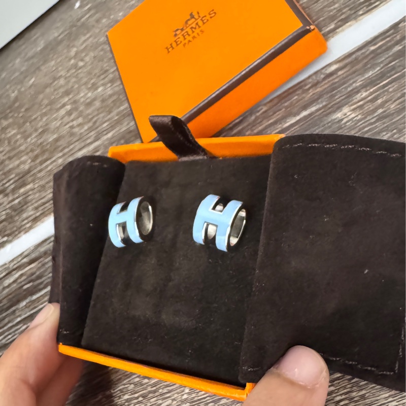 近全新Hermes 愛馬仕pop H 藍銀釦耳環耳針-13
