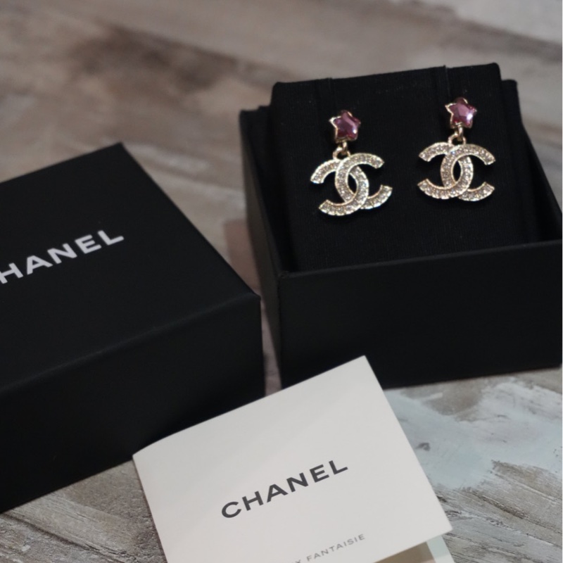Chanel 粉紅星星寶石雙C 耳環-4