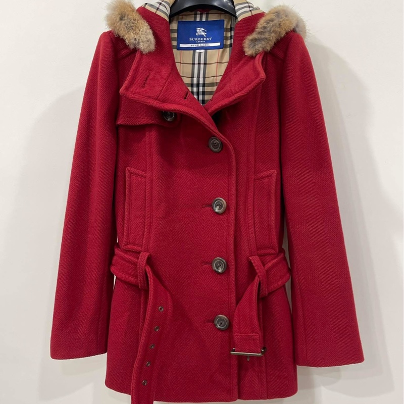 Burberry 藍標 連帽經典格紋毛料腰帶大衣 紅-0