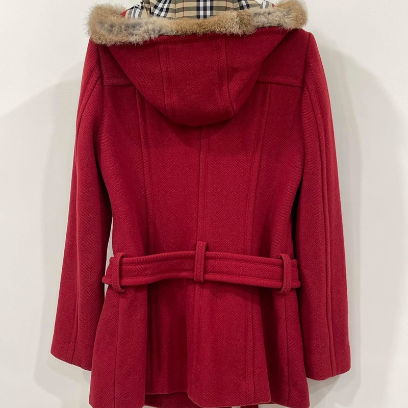 Burberry 藍標 連帽經典格紋毛料腰帶大衣 紅-1