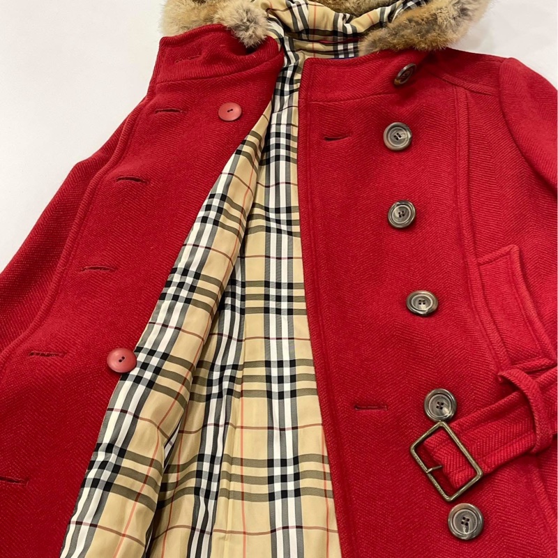 Burberry 藍標 連帽經典格紋毛料腰帶大衣 紅-7