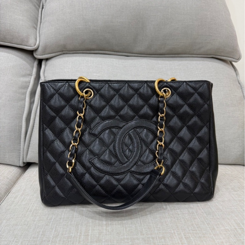 CHANEL香奈兒 黑色 荔枝牛皮 金扣GST手提包 肩背包 購物包-0