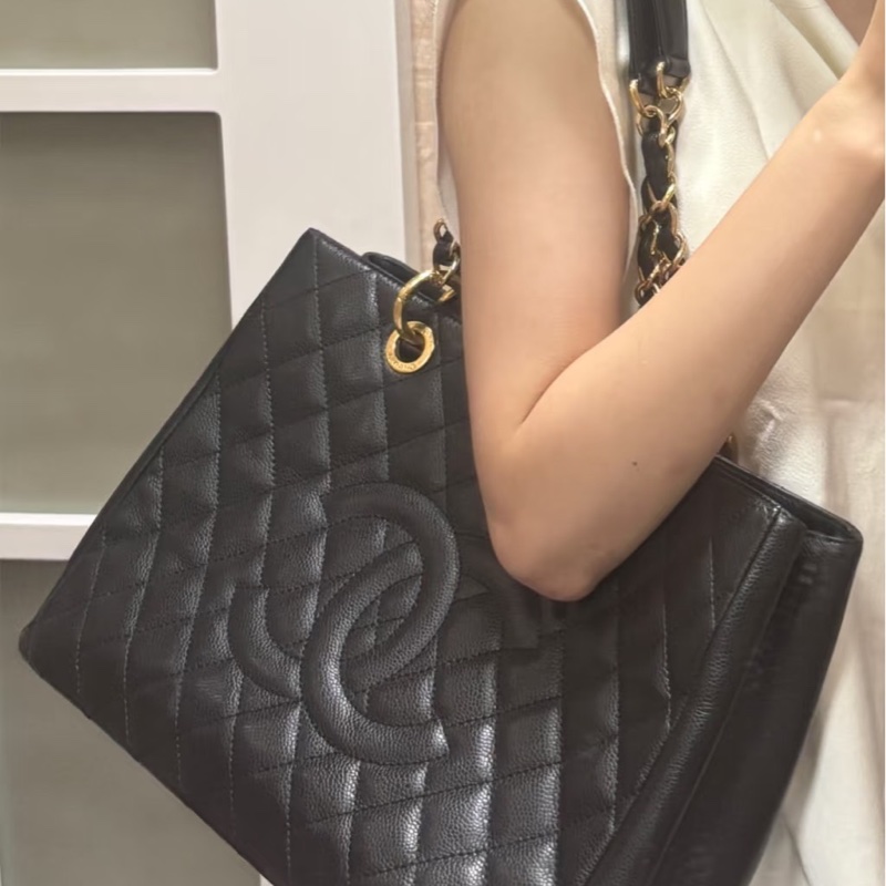 CHANEL香奈兒 黑色 荔枝牛皮 金扣GST手提包 肩背包 購物包-2