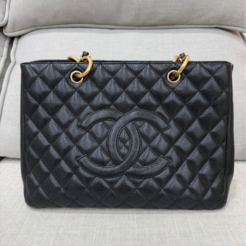 CHANEL香奈兒 黑色 荔枝牛皮 金扣GST手提包 肩背包 購物包-4