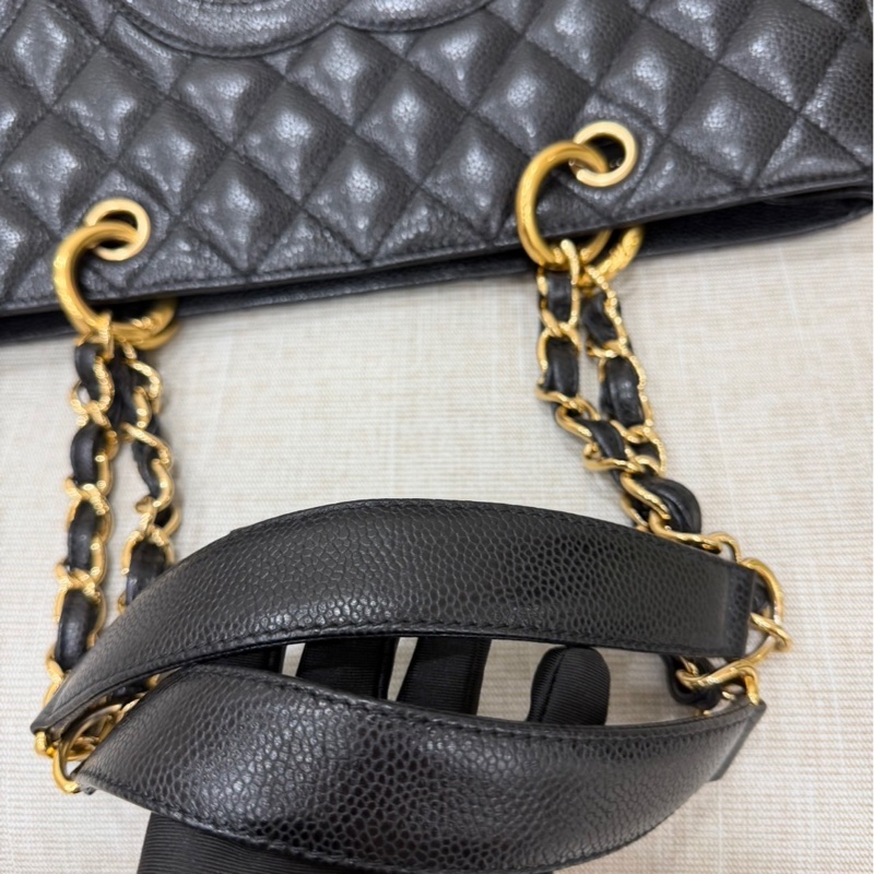 CHANEL香奈兒 黑色 荔枝牛皮 金扣GST手提包 肩背包 購物包-18