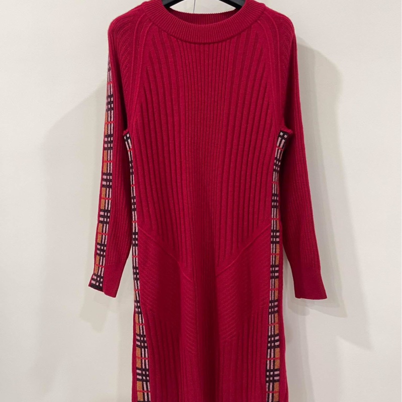 Burberry 倫敦 羅紋編織羊絨混羊毛滾格紋邊洋裝-0