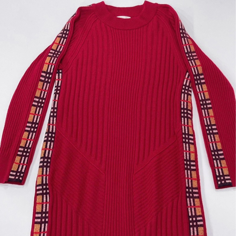 Burberry 倫敦 羅紋編織羊絨混羊毛滾格紋邊洋裝-4