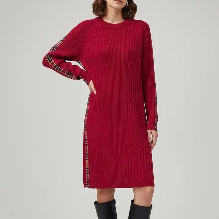 Burberry 倫敦 羅紋編織羊絨混羊毛滾格紋邊洋裝-9