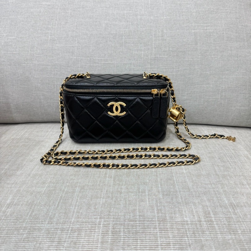 香奈兒Chanel25B 新款雙C調節扣長盒子黑金羊皮-0