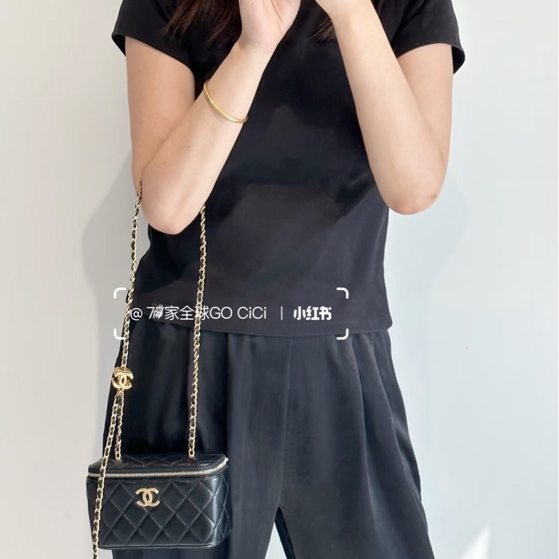 香奈兒Chanel25B 新款雙C調節扣長盒子黑金羊皮-2