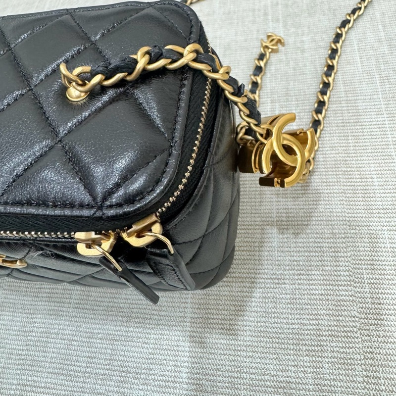 香奈兒Chanel25B 新款雙C調節扣長盒子黑金羊皮-12