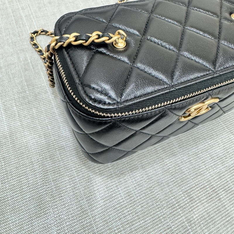 香奈兒Chanel25B 新款雙C調節扣長盒子黑金羊皮-13