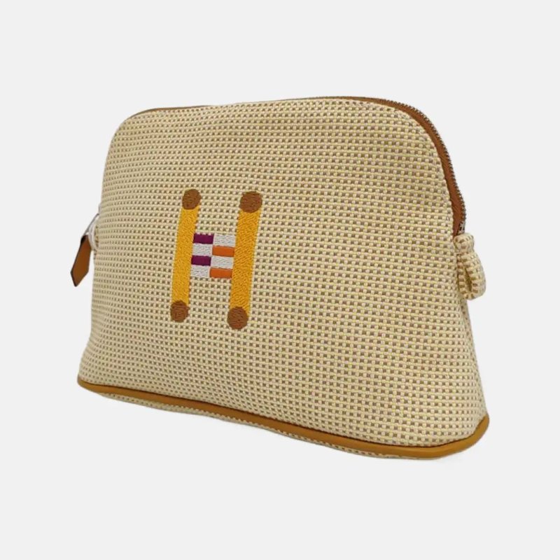 HERMES Bolide 迷你 檸檬黃帆布刺繡手拿包 銀色五金-5