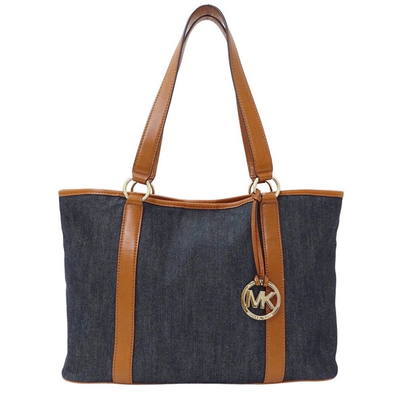 Michael Kors 牛仔布和皮革托特包,靛藍棕色-0