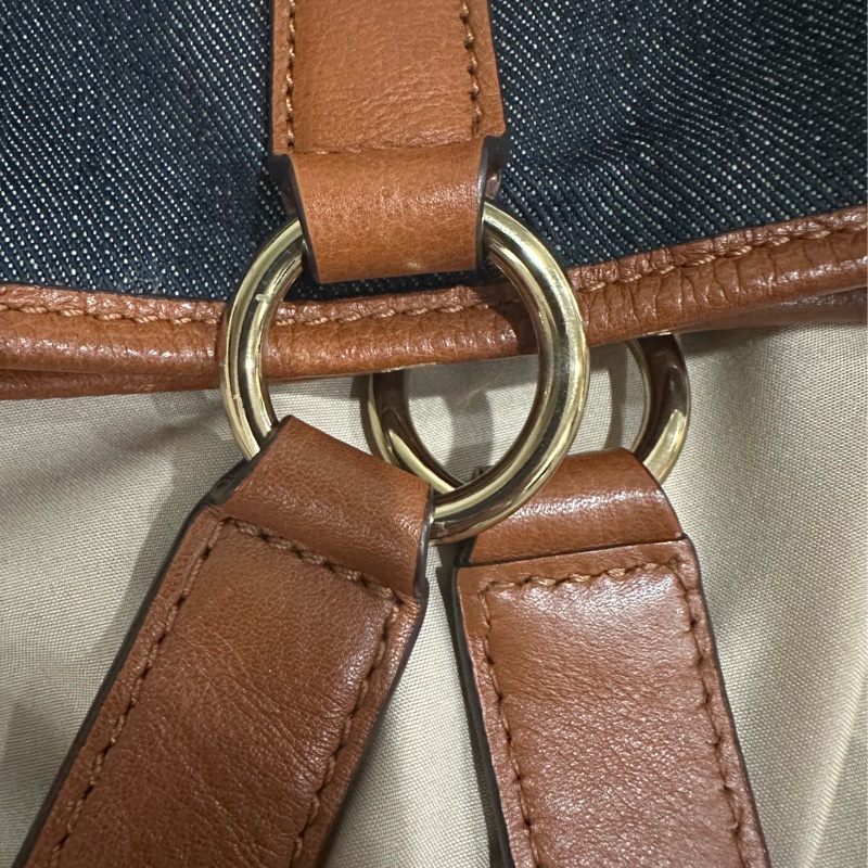 Michael Kors 牛仔布和皮革托特包,靛藍棕色-3