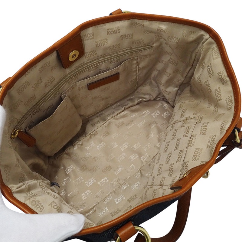 Michael Kors 牛仔布和皮革托特包,靛藍棕色-7