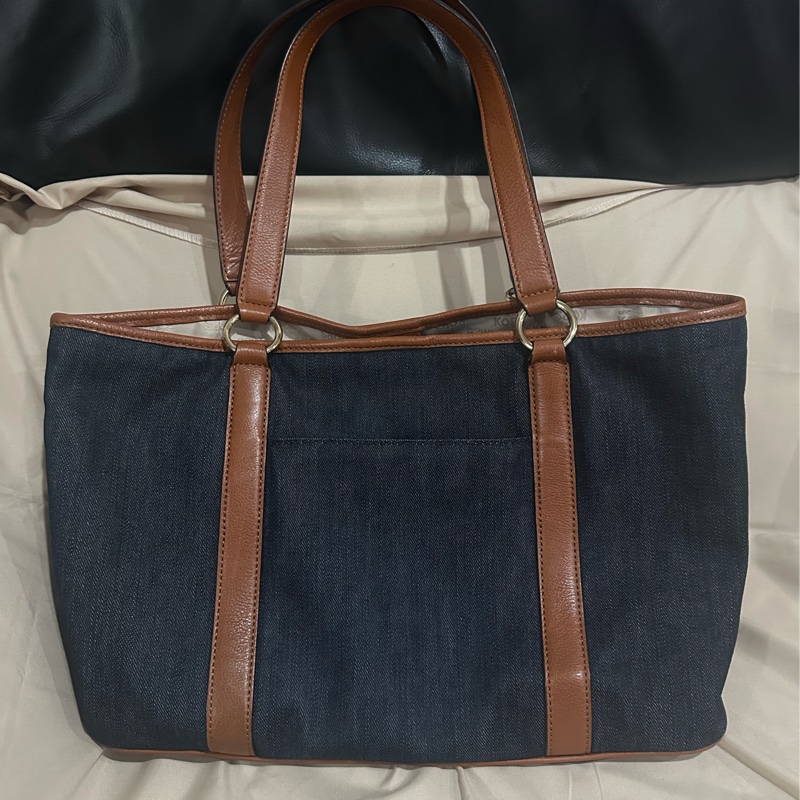 Michael Kors 牛仔布和皮革托特包,靛藍棕色-9