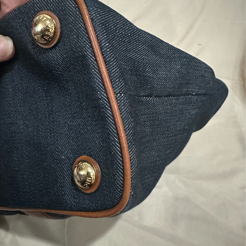 Michael Kors 牛仔布和皮革托特包,靛藍棕色-13