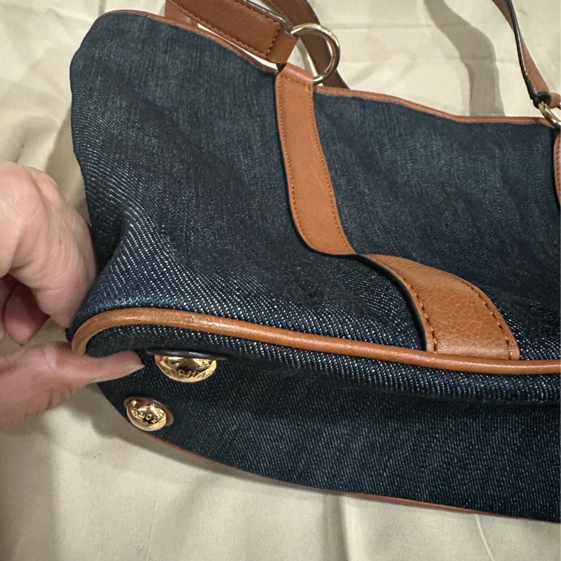 Michael Kors 牛仔布和皮革托特包,靛藍棕色-14