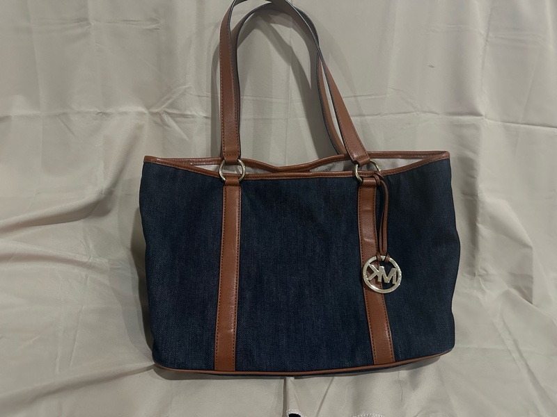 Michael Kors 牛仔布和皮革托特包,靛藍棕色-18