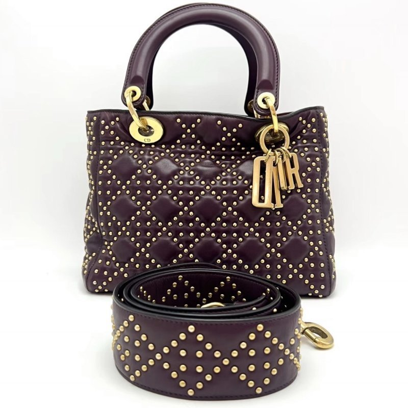 DIOR 酒紅色鉚釘五格黛妃肩背斜背包25*20*12 98新配件塵袋-0