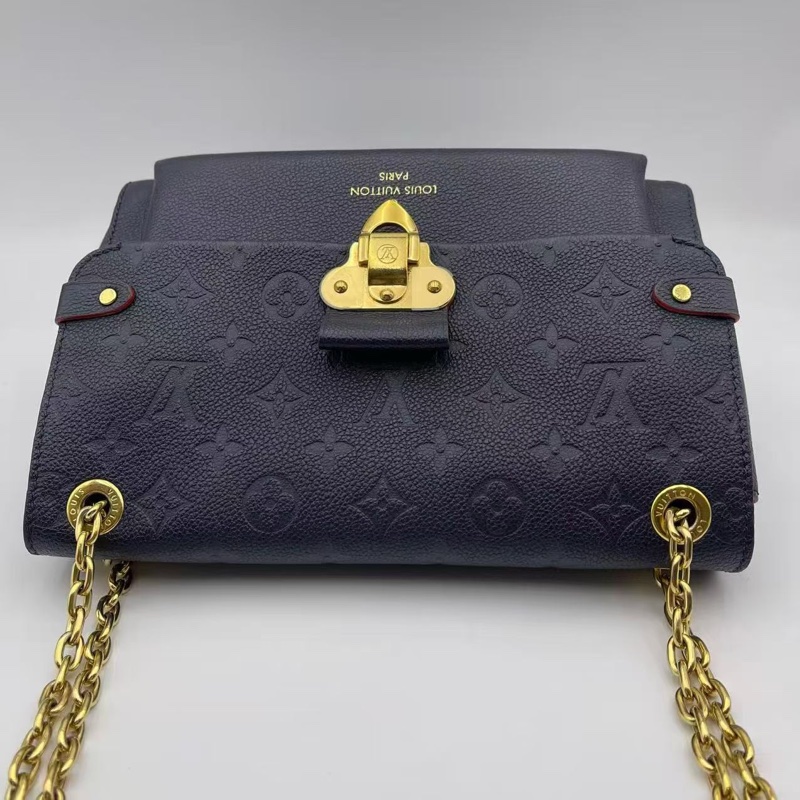 LV 路易威登Vavin 藍色壓紋老花全皮中號斜挎包金扣鏈條包尺寸:底長25x 19x 9-2