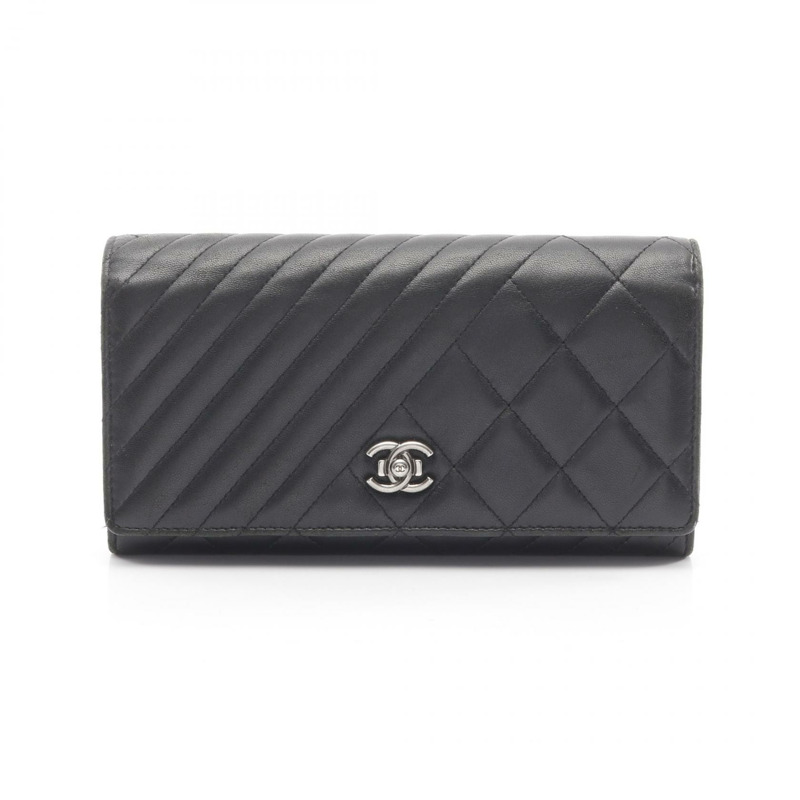 CHANEL Matelasse Chevron 雙折長款皮夾 皮夾 羔羊皮 黑色 SHW 二手-0