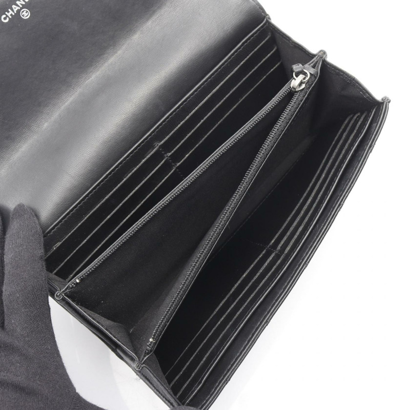 CHANEL Matelasse Chevron 雙折長款皮夾 皮夾 羔羊皮 黑色 SHW 二手-2