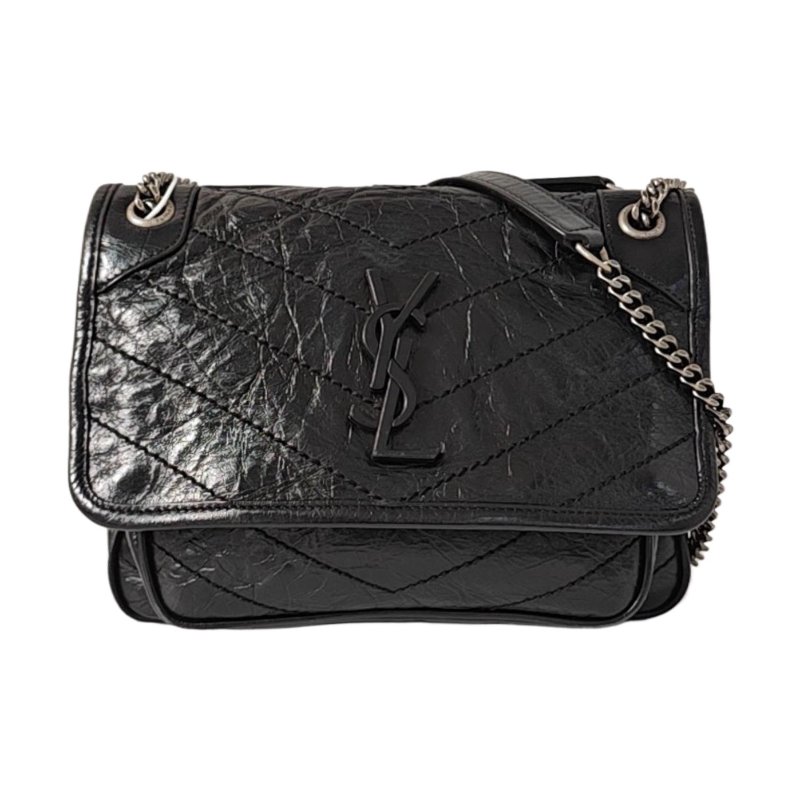 YSL NIKI小號 黑色牛皮绗縫V紋斜背包肩背包 D扣-0