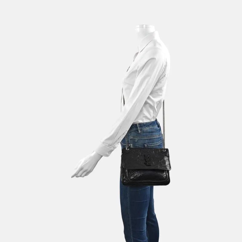 YSL NIKI小號 黑色牛皮绗縫V紋斜背包肩背包 D扣-1