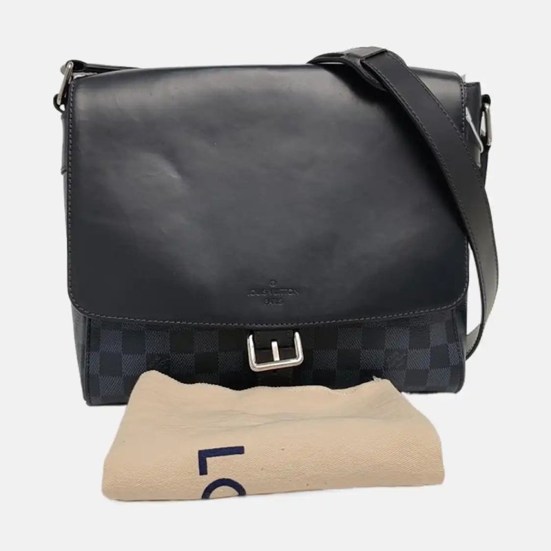 LOUIS VUITTON 深藍色塗層帆布棋盤格肩背包斜背包 銀色五金-6