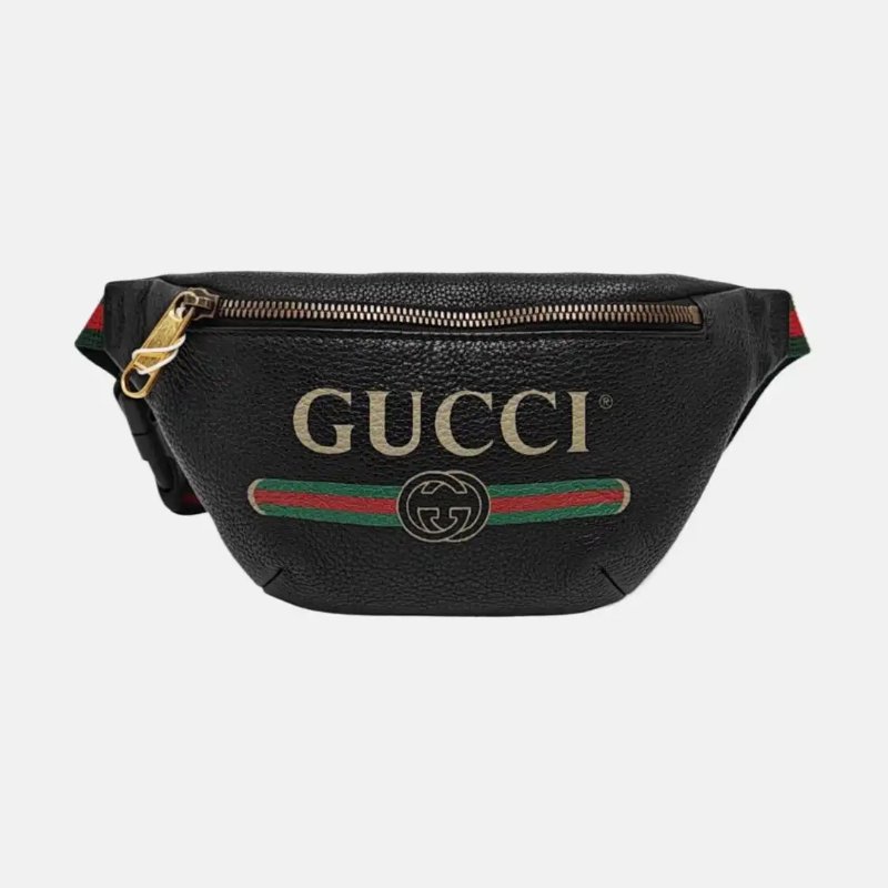 GUCCI Print 小號 黑色牛皮印花腰包腰包胸包 金色五金-0