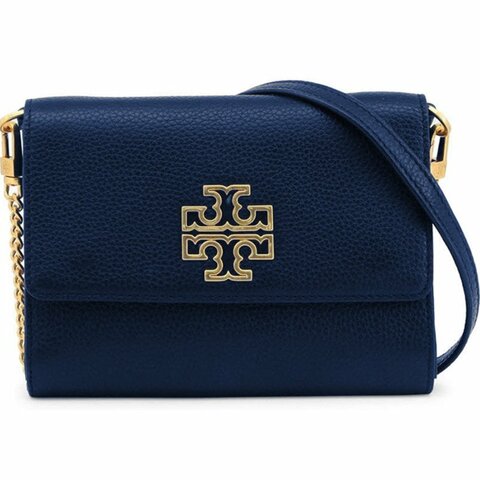 【TORY BURCH】素面翻蓋皮革斜背包-深藍色