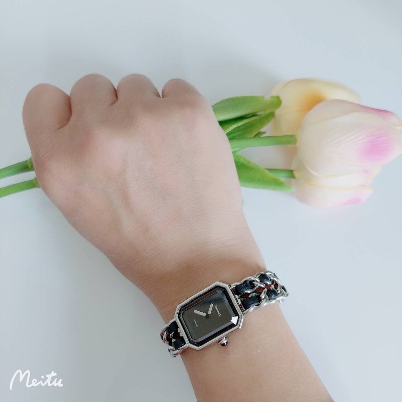 Chanel H0451 Vintage 🎀現品實拍 🎀首映錶 香奈兒黑/ 銀色 premiere手錶M尺寸~二手品-9