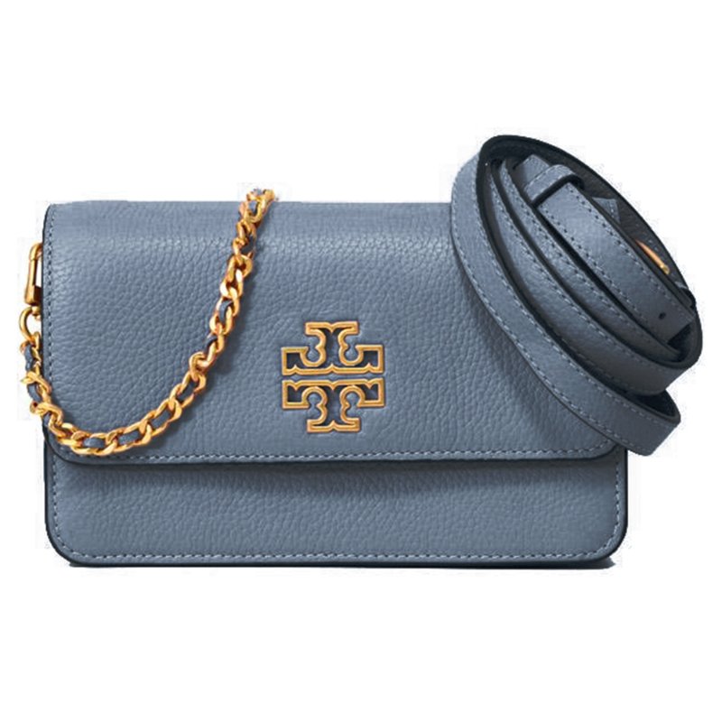 【TORY BURCH】雙T-LOGO翻蓋皮革斜背鍊包-霧藍色-0