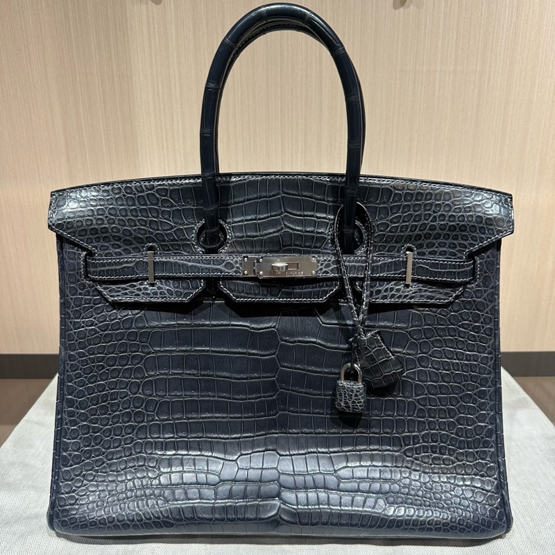 HERMES爱马仕 Birkin 35 雾面銀扣鳄鱼皮 铂金包手提包 石墨灰-0